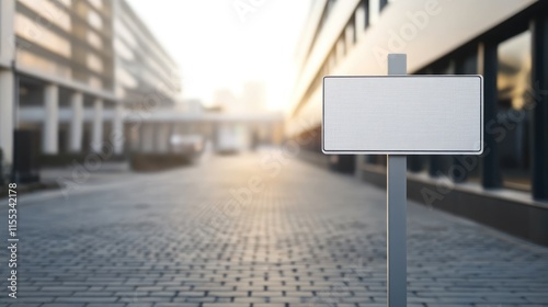 Signpost indicating barrier free access in a modern urban environment with blurred background and clear path for accessibility photo