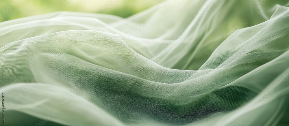 Delicate tulle fabric gracefully draped highlighting soft folds and textures against a serene green backdrop for color contrast and elegance. Delicate tulle fabric gracefully draped highlighting soft folds and textures against a serene green backdrop for color contrast and elegance.