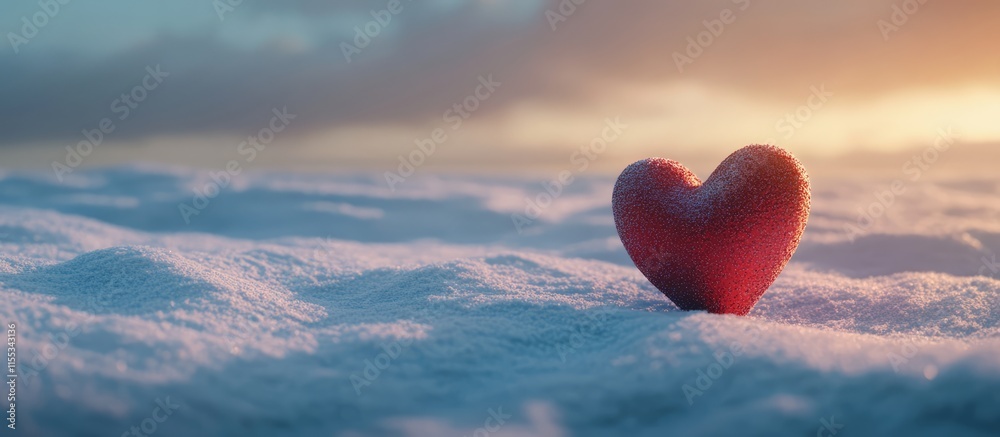 Fototapeta premium Single red heart resting on snow symbolizing love and warmth in a cold winter landscape during a serene sunset.