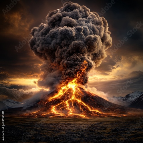 Volcano erupting with ash cloud at sunset in kamchatka peninsula photo