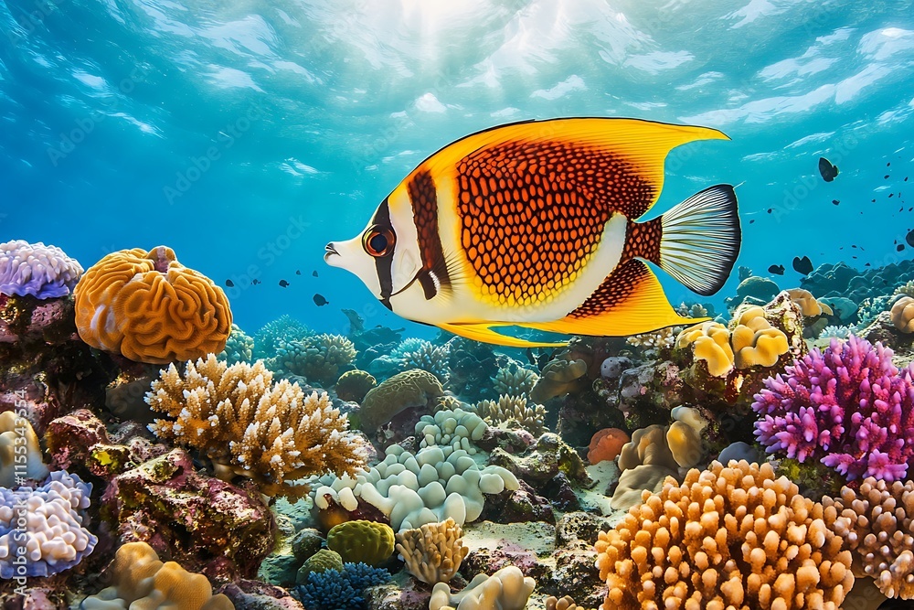 Naklejka premium Colorful Butterflyfish in Vibrant Coral Reef Scene