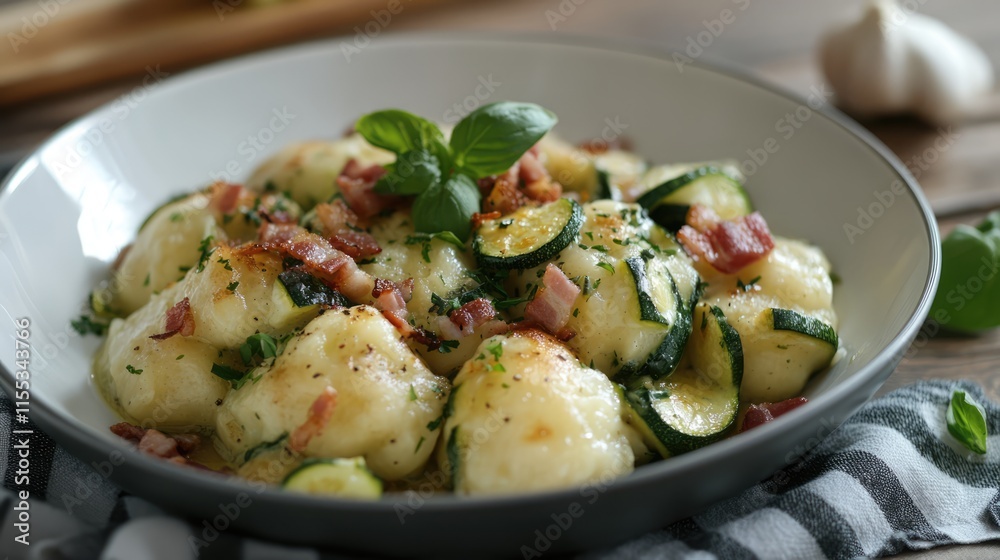 Silesian dumplings served with crispy bacon and sautéed zucchini on a rustic plate garnished with fresh basil and herbs Silesian dumplings served with crispy bacon and sautéed zucchini on a rustic plate garnished with fresh basil and herbs