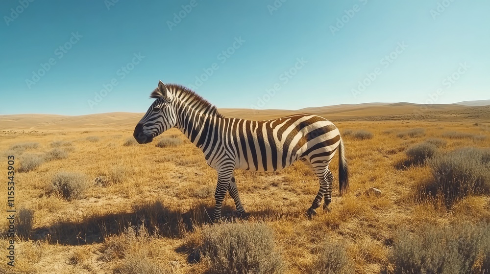 Fototapeta premium Zebra grazing on a sunny field showcasing its iconic stripes against a clear blue sky.