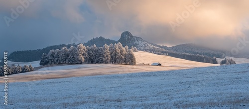 Snowy landscape of Dobratsch Natural Park at dawn with freshly covered peaks and serene winter scenery photo