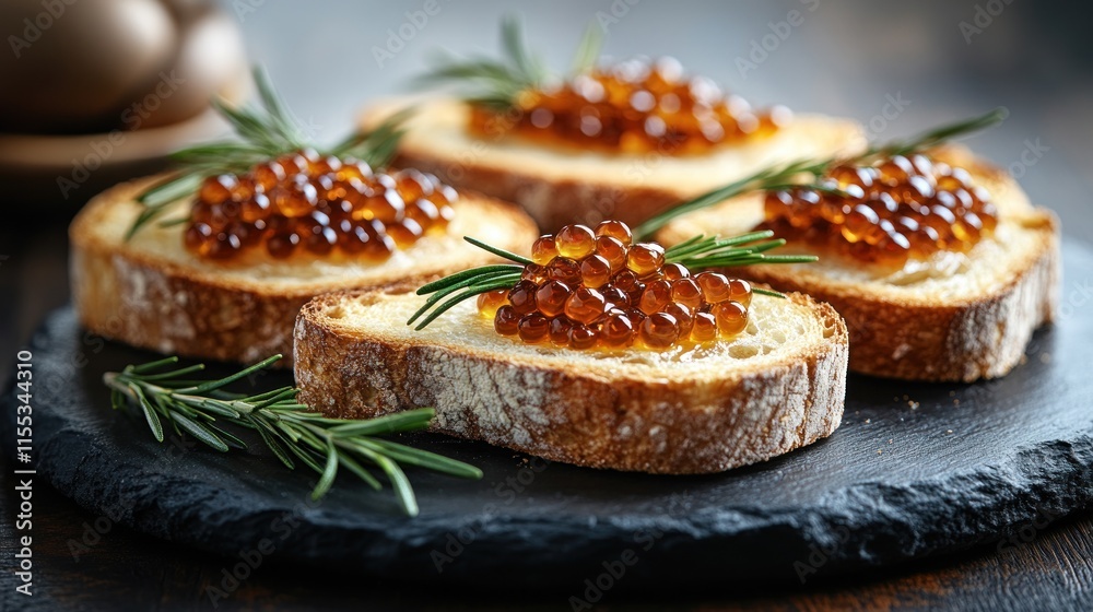Toasted baguette slices topped with salmon caviar and rosemary sprigs on a dark slate plate. Toasted baguette slices topped with salmon caviar and rosemary sprigs on a dark slate plate.