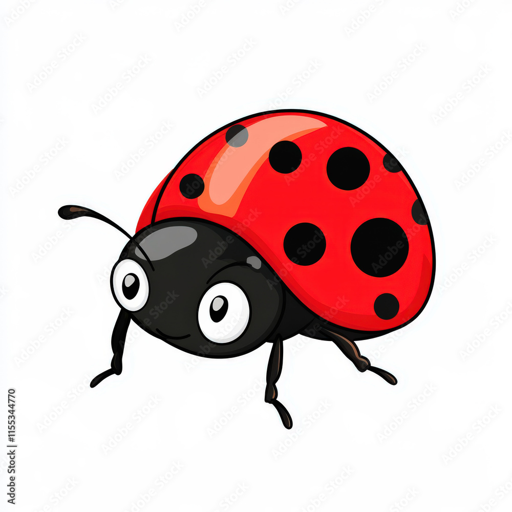 Cute cartoon ladybug illustration with vibrant red shell, big eyes, and bold black spots, perfect for children's books and nature-themed designs. Cute cartoon ladybug illustration with vibrant red shell, big eyes, and bold black spots, perfect for children's books and nature-themed designs.