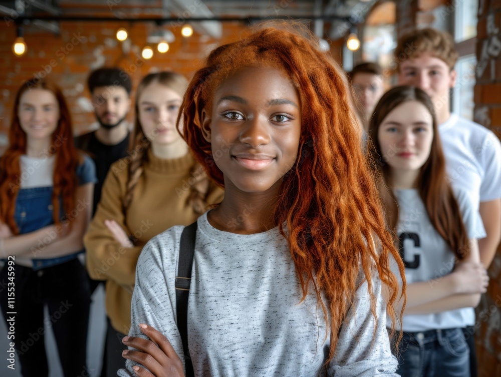 Fototapeta premium A diverse group of young people stands confidently together in a modern office setting. The atmosphere is collaborative and energetic.