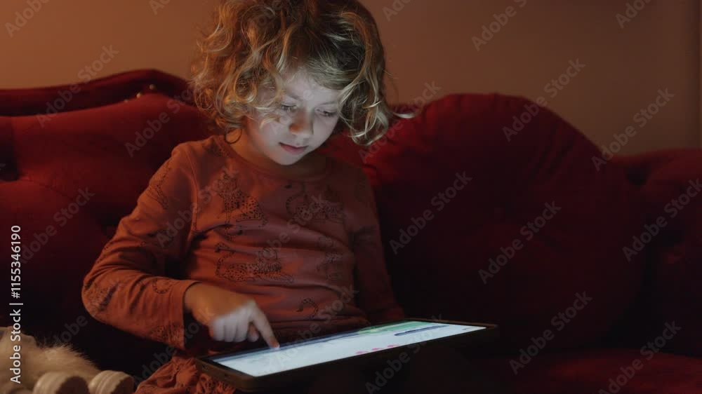 small girl plays or watches a tablet computer small girl plays or watches a tablet computer