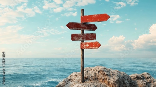 Signpost indicating landmark directions and tsunami evacuation routes near the ocean under a clear blue sky in a coastal environment