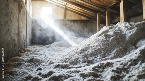 Silage stored in barn for dairy cattle feeding with sunlight filtering through beams highlighting dry food additives for livestock management photo