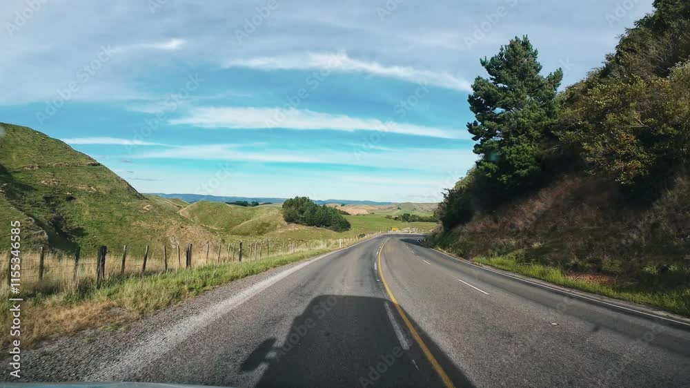 Road trip driving along scenic highway with the forest and flock of sheep grazing in pasture on roadside at New Zealand Road trip driving along scenic highway with the forest and flock of sheep grazing in pasture on roadside at New Zealand