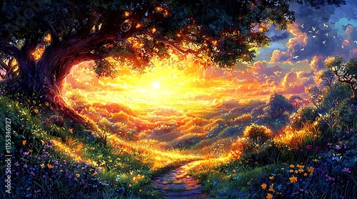 Magical Sunset Path Through Enchanting Flower Garden