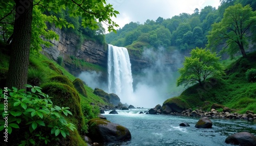 Waterfall flowing through lush green forest in cloudy weather, scenery, forest, wild