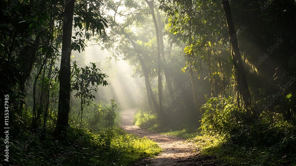 Obraz premium Serene Morning Walkway in Lush Green Forest with Sun Rays Streaming Through Trees : Generative AI