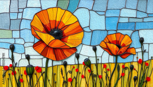Wallpaper Mural Colorful stained glass window. Botanical pattern. Multicolored interior design template. Field poppy Torontodigital.ca