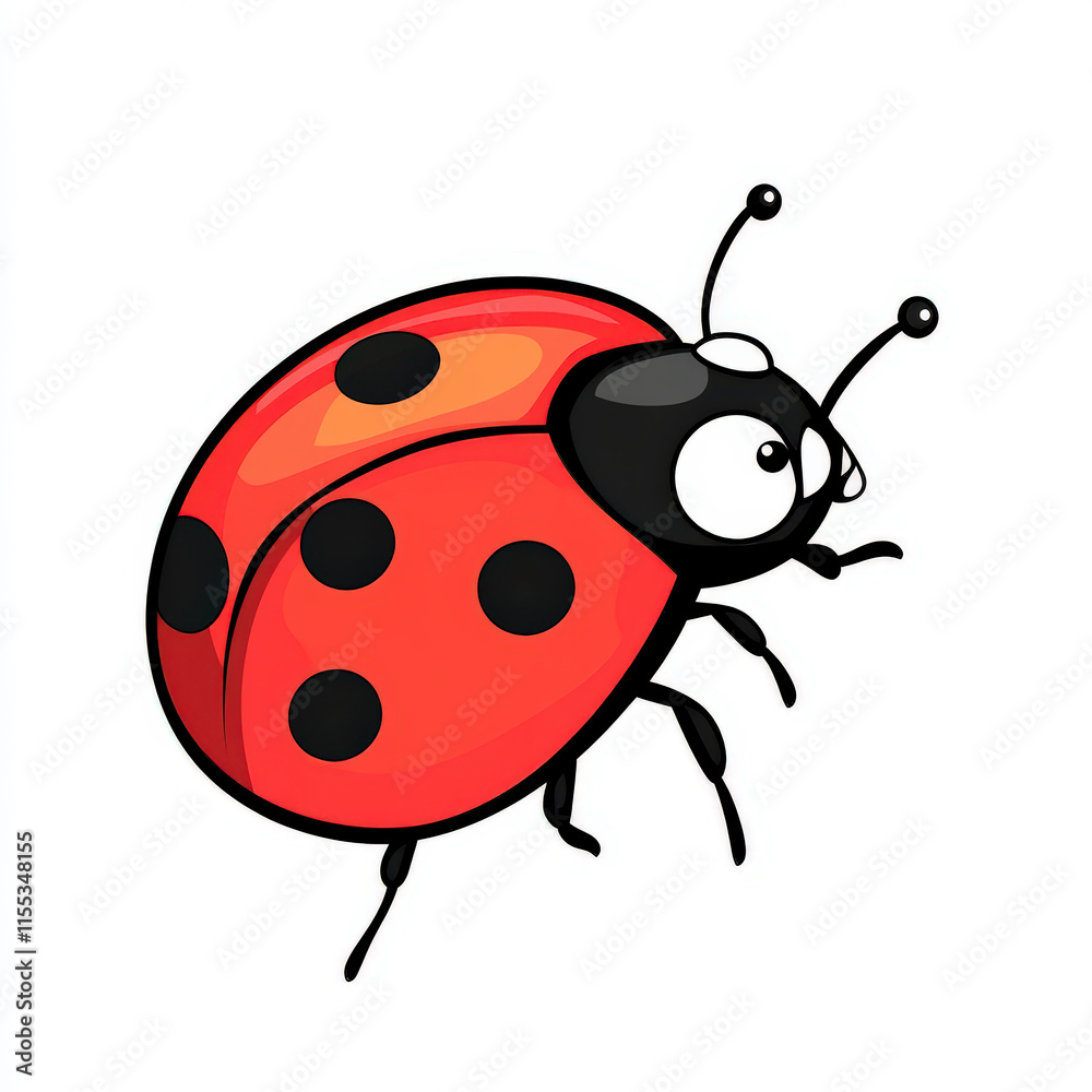Colorful Cartoon Ladybug with Black Spots on a White Background, Perfect for Children’s Illustrations, Educational Material, or Nature-Themed Projects Colorful Cartoon Ladybug with Black Spots on a White Background, Perfect for Children’s Illustrations, Educational Material, or Nature-Themed Projects