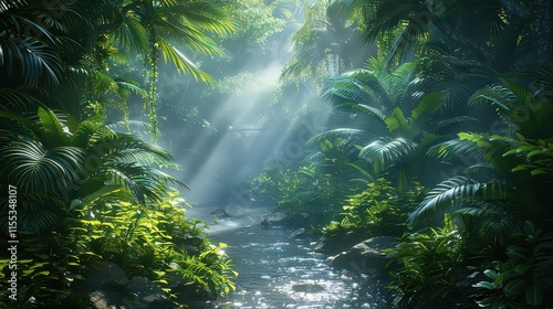 Slika na platnu Breathtaking coastal rainforest alive with the sounds of birdsong and the rustle of leaves, with mist hanging in the air and shafts of sunlight filtering through the canopy