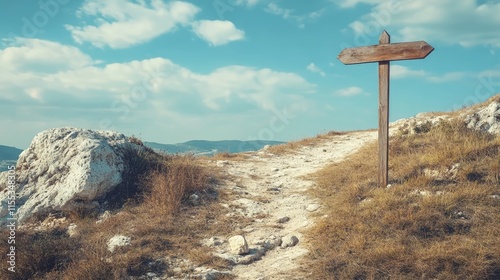 Apostle's path sign on a rugged trail with scenic landscape under a blue sky representing pilgrimage and spiritual journey themes photo