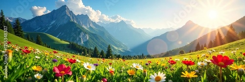 Sunlit meadow with towering mountains as a backdrop, light, flowers