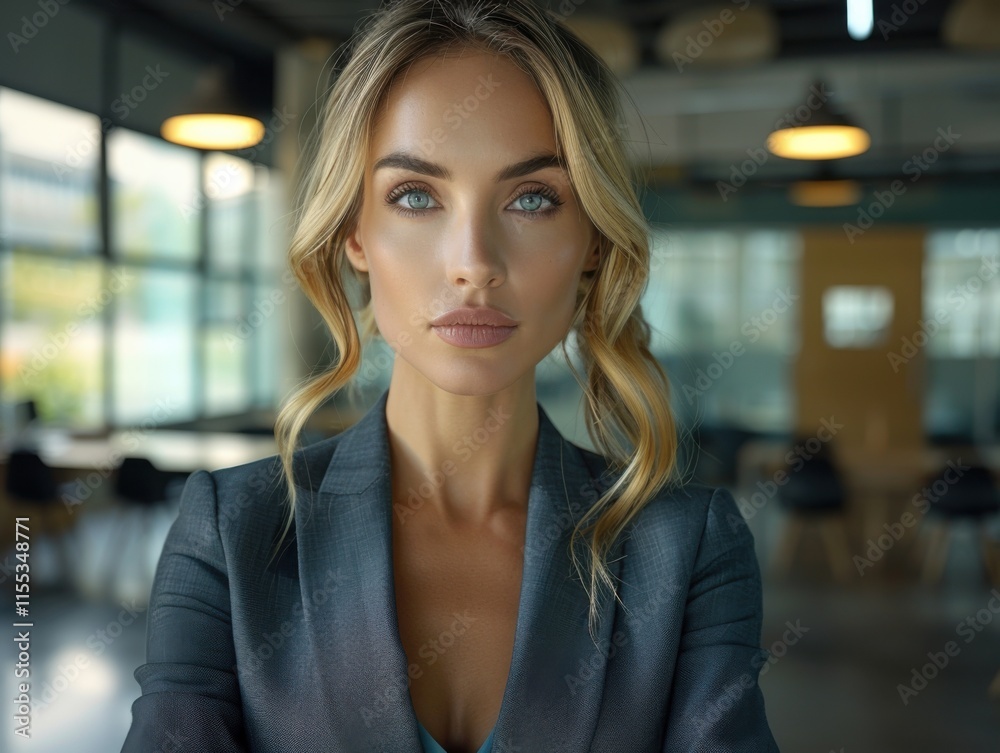 Obraz premium A professional woman in a suit stands confidently in a modern office. Her expression is focused, and the setting is softly lit with a contemporary design.