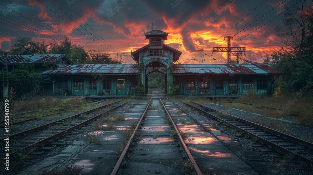 Naklejka premium Abandoned train station at sunset, dramatic sky, rusty buildings, overgrown tracks.