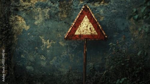 Weathered warning sign surrounded by overgrown vegetation in an abandoned area conveying themes of neglect and nature reclaiming urban spaces. photo