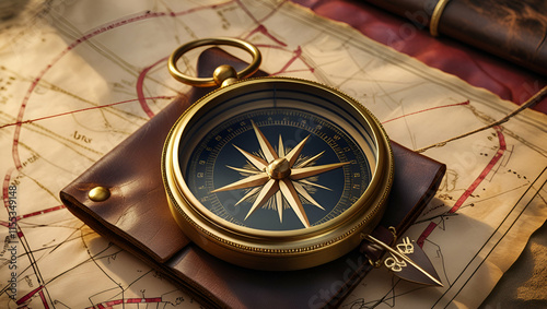Golden compass on an old wooden table, pointing towards the north, Generative AI