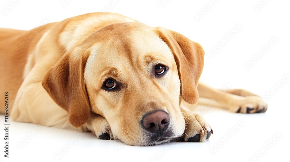 Adorable Labrador Retriever lying on white background looking attentive : Generative AI Adorable Labrador Retriever lying on white background looking attentive : Generative AI