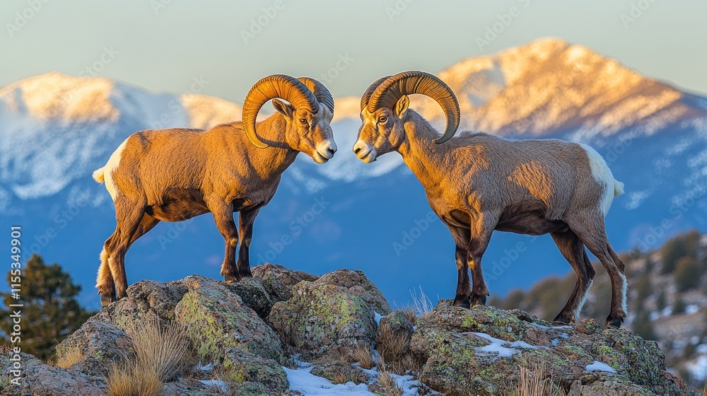 Naklejka premium Two bighorn sheep facing off on mountaintop at sunrise.
