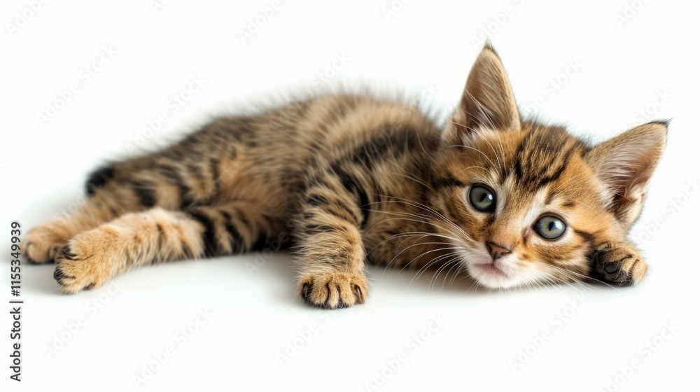 Fototapeta premium Adorable tabby kitten lying down on white background.