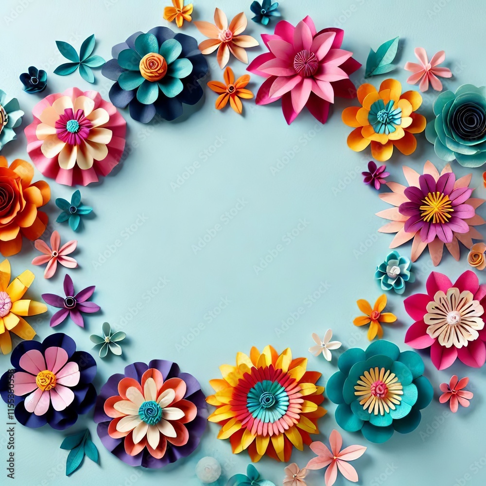 Brightly Colored Paper Blossoms on a Soft Blue Backdrop with Central Blank Space. Created with Generative AI Technology Brightly Colored Paper Blossoms on a Soft Blue Backdrop with Central Blank Space. Created with Generative AI Technology