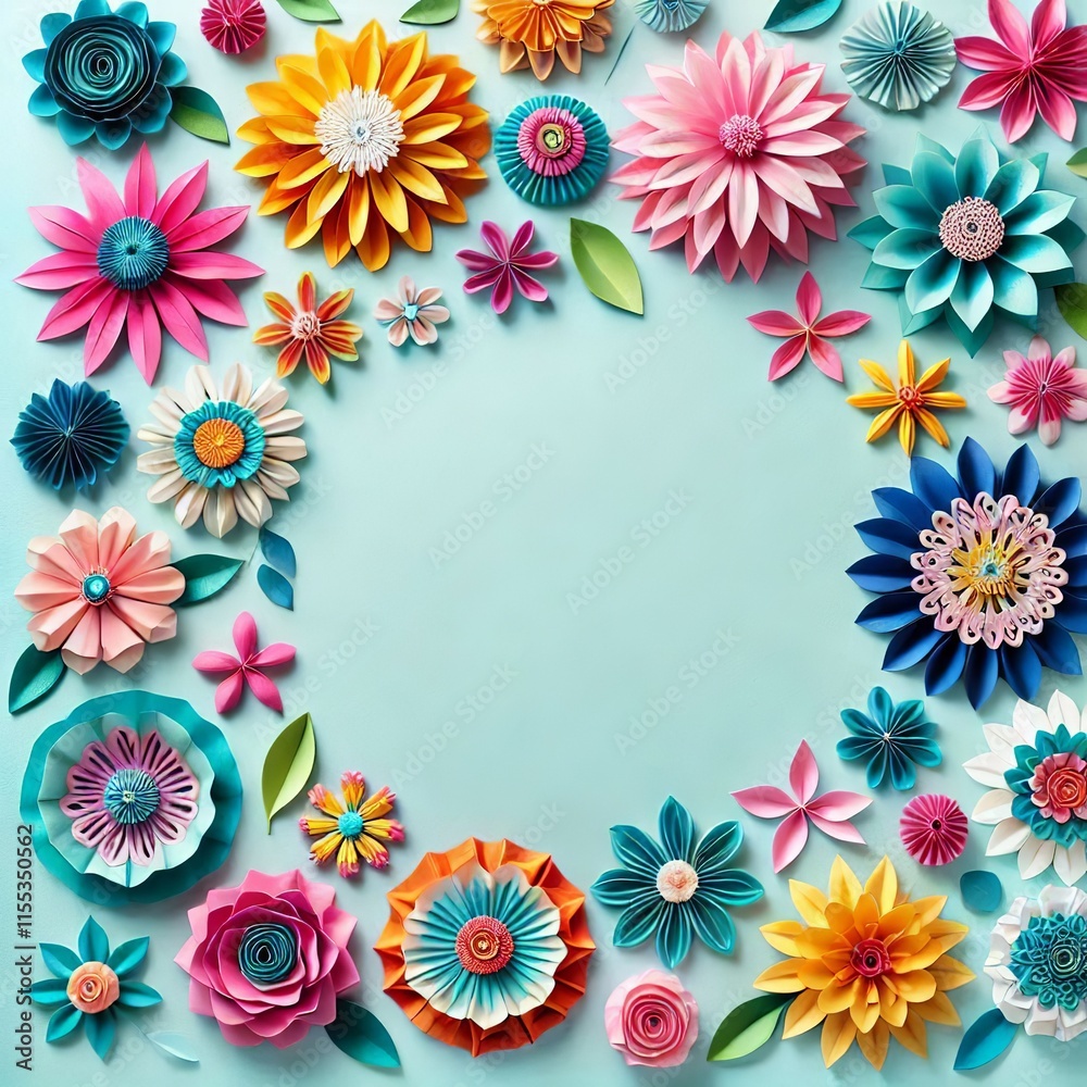 Brightly Colored Paper Blossoms on a Soft Blue Backdrop with Central Blank Space. Created with Generative AI Technology Brightly Colored Paper Blossoms on a Soft Blue Backdrop with Central Blank Space. Created with Generative AI Technology