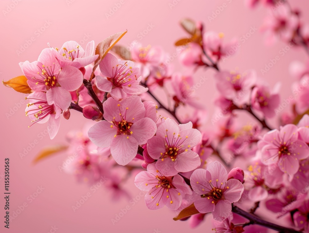 Close-up of pink blossoming branches of Chinese plum against a soft pink background. The delicate flowers evoke a sense of spring and tranquility. Close-up of pink blossoming branches of Chinese plum against a soft pink background. The delicate flowers evoke a sense of spring and tranquility.