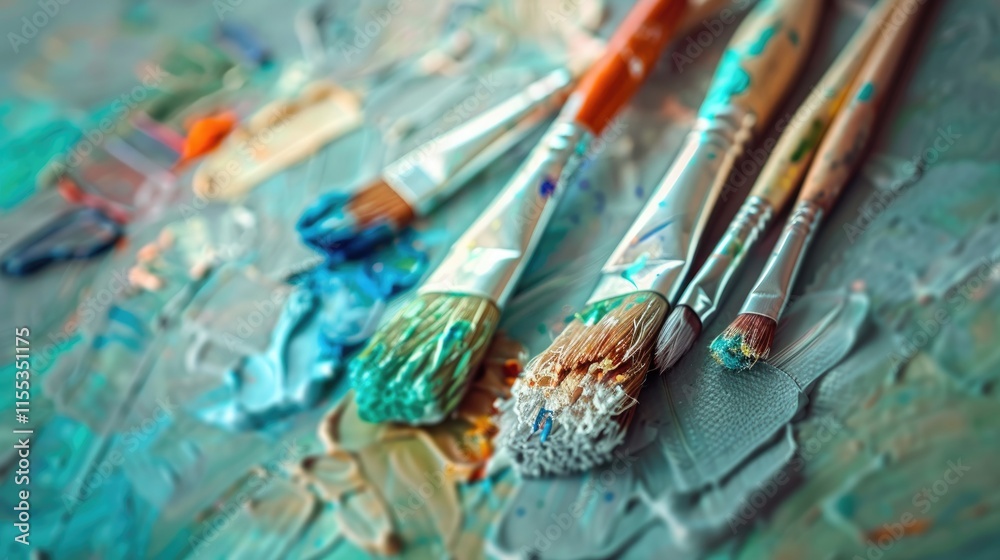 A set of colorful paintbrushes arranged on a canvas, with the background softly blurred to emphasize the creativity and artistry of the tools A set of colorful paintbrushes arranged on a canvas, with the background softly blurred to emphasize the creativity and artistry of the tools