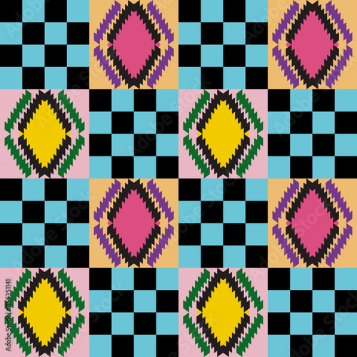 Tribal checker graphic geometric motif retro pattern for textile print wallpaper.