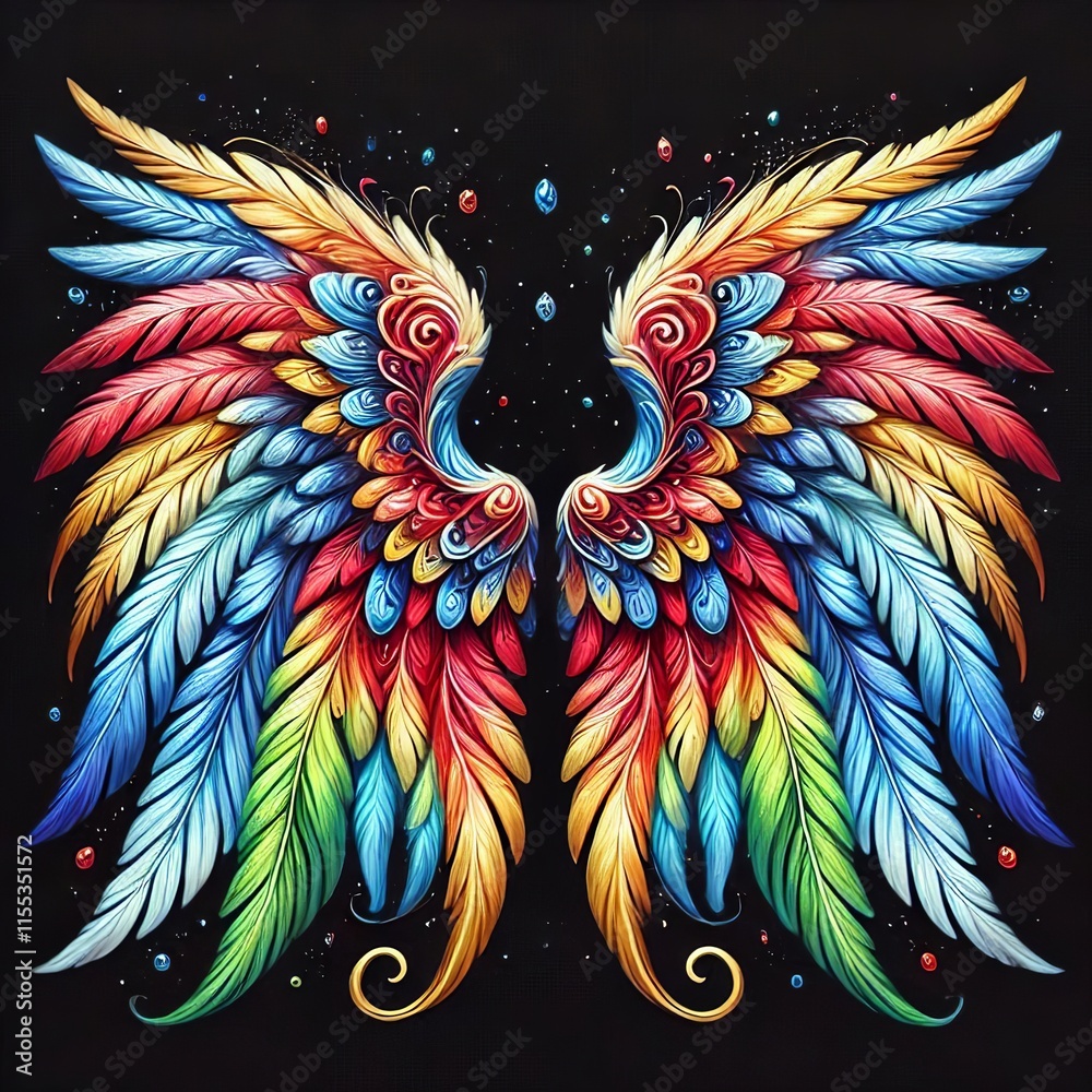 Obraz premium Colorful Angel Wings Illustrated on a Dark Background. Created with Generative AI Technology