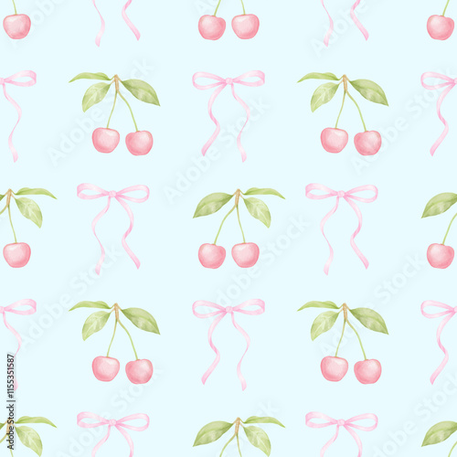 Cherries, bows. Watercolor seamless pattern in pastel colors for textiles and wrapping paper. Cute children's illustration