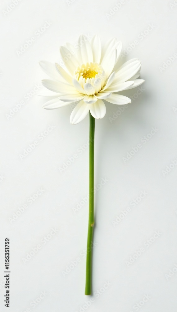 Obraz premium Delicate white chrysanthemum flower with slender stem on a crisp white background, Simple, Botanicals