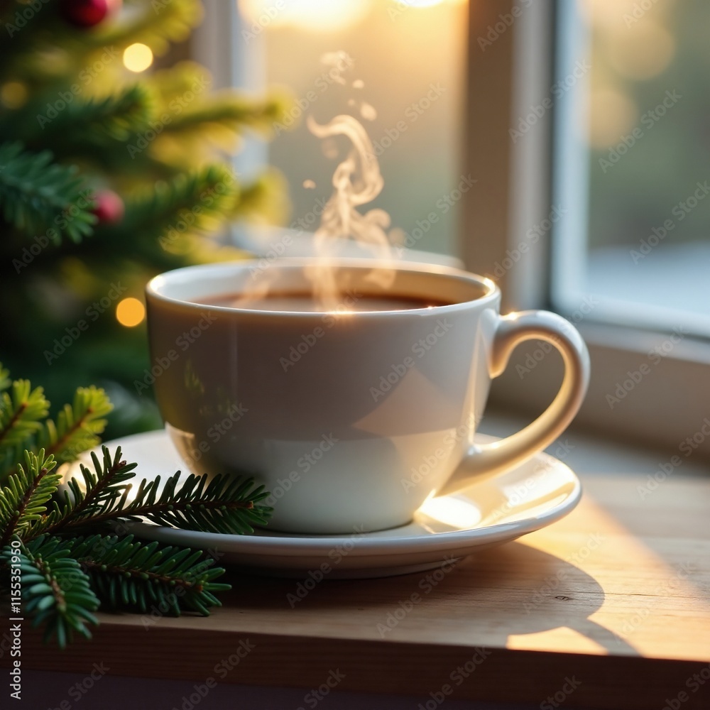 Fototapeta premium Cozy morning scene with a steaming mug and pine sprigs, calm, holiday