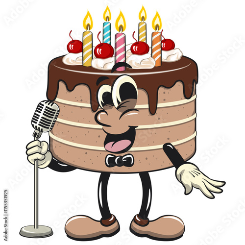 cute birthday chocolate cake cartoon character mascot on front of the mic become a stand up comedian, work of hand drawn