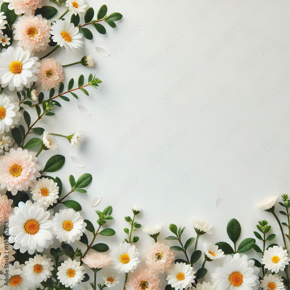 Fototapeta premium Daisy Flower Border on a Blank White Background for Spring Themes. Created with Generative AI Technology