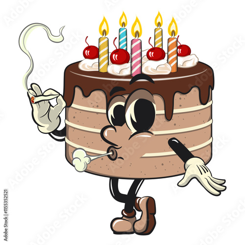 cute birthday chocolate cake cartoon character mascot smoke calmly, work of hand drawn