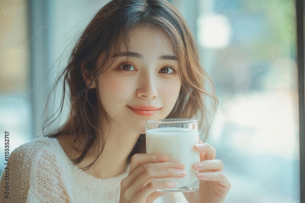 Healthy beautiful asian woman drinking plain fresh milk in the morning, Generative AI Healthy beautiful asian woman drinking plain fresh milk in the morning, Generative AI