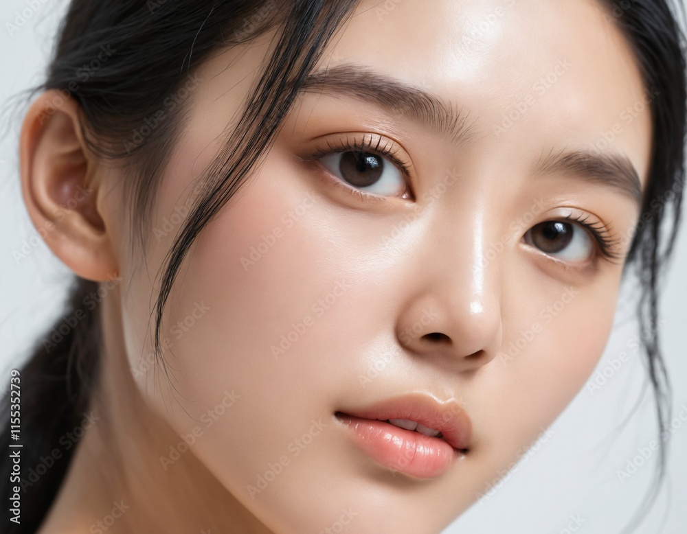 Fototapeta premium Portrait of a beautiful young Asian woman with fresh clean skin and long thick black hair