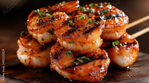 Deliciously grilled shrimp skewers seasoned with herbs, presented on a wooden board. Perfect for a BBQ or seafood themed meal, these shrimp look tender and juicy. photo