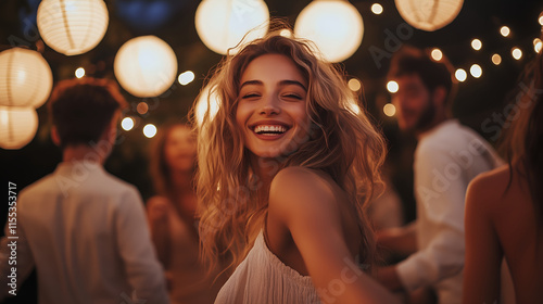 Sober social dancing under paper lantern constellation