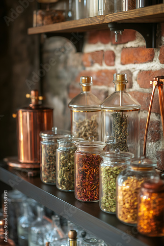 Zero proof apothecary bar with dried botanicals display