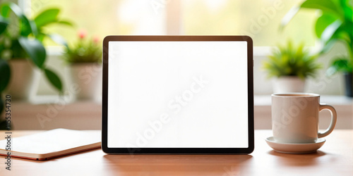 Tablet with blank screen on wooden table, tablet mockup in landscape