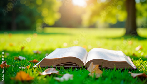 Blurred background open book on grass in sunny park