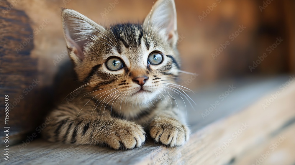 Cute tabby kitten with bright green eyes playfully resting on a rustic wooden surface : Generative AI Cute tabby kitten with bright green eyes playfully resting on a rustic wooden surface : Generative AI